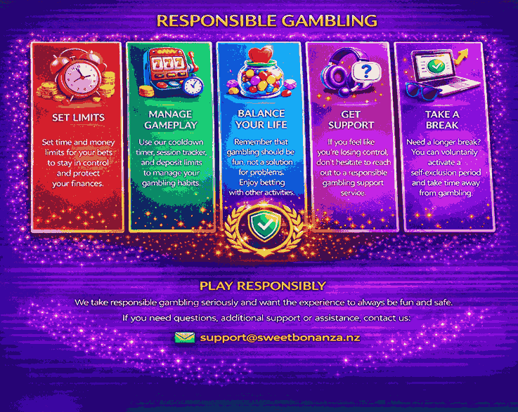 Responsible gambling banner with tips to set limits manage gameplay balance your life and seek support plus contact email support@sweetbonanza.nz